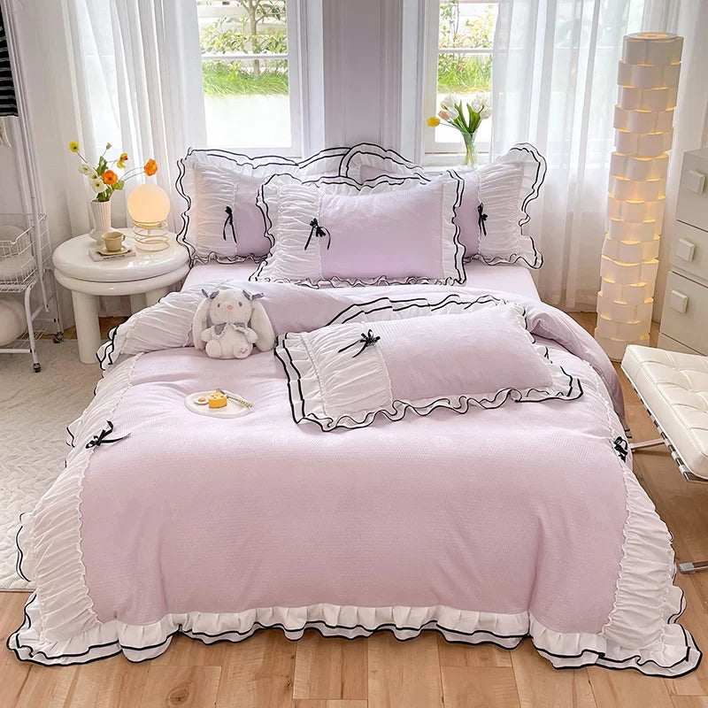 3/4Pcs Bedding Set Princess-Style Purple Bow Double-Layer Ruffles Duvet Cover Pillowcase Full-Size Queen Bed Sheet Set For Home