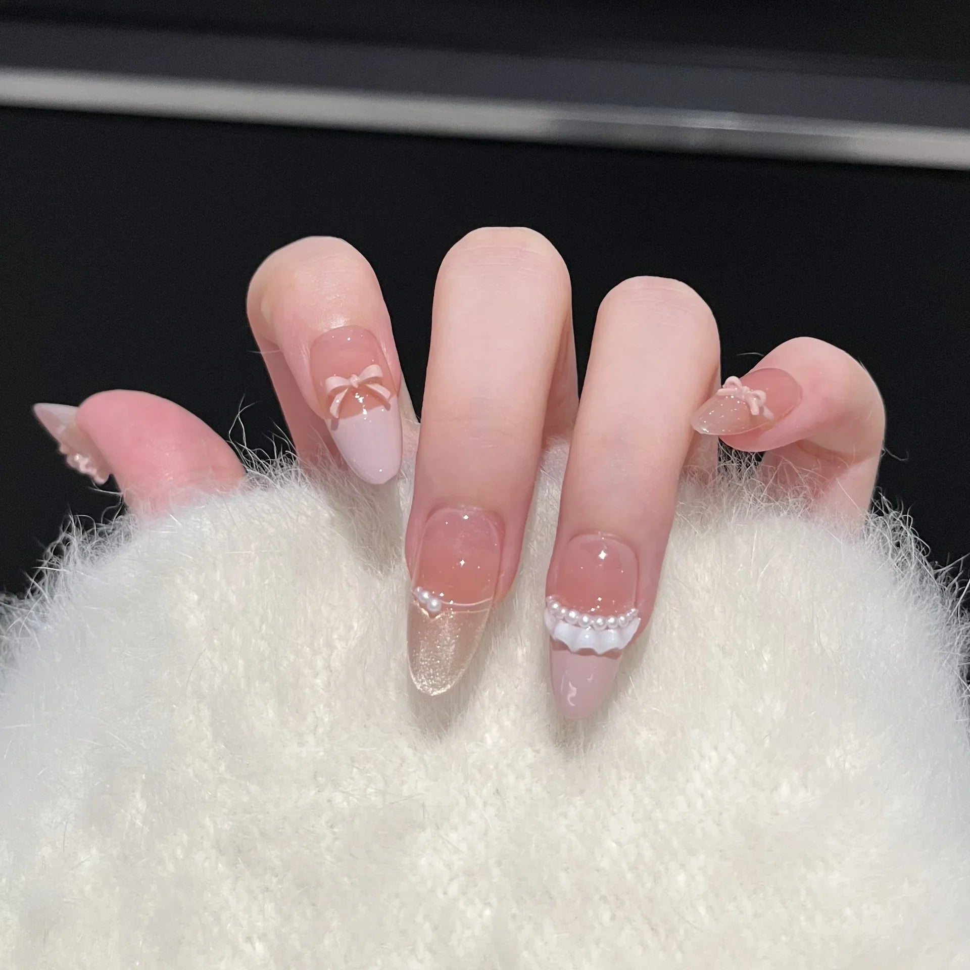10Pcs Ballet Sweetheart False Nails Bowknot Pearl French Press on Nails Pink Almond Artificial Nail Art Handmade Lace Fake Nails