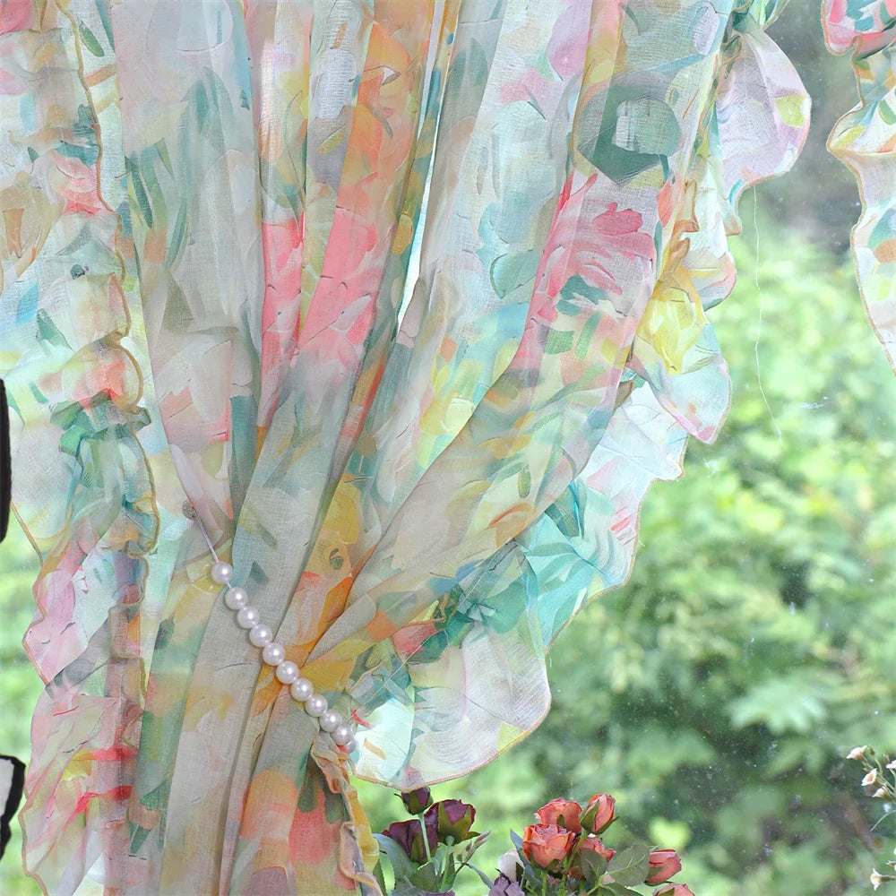 Retro Printing Curtain Art Living Room Gauze Curtain Velcro Curtain Ruffled Door Curtain Partition Punch-Free Customizable