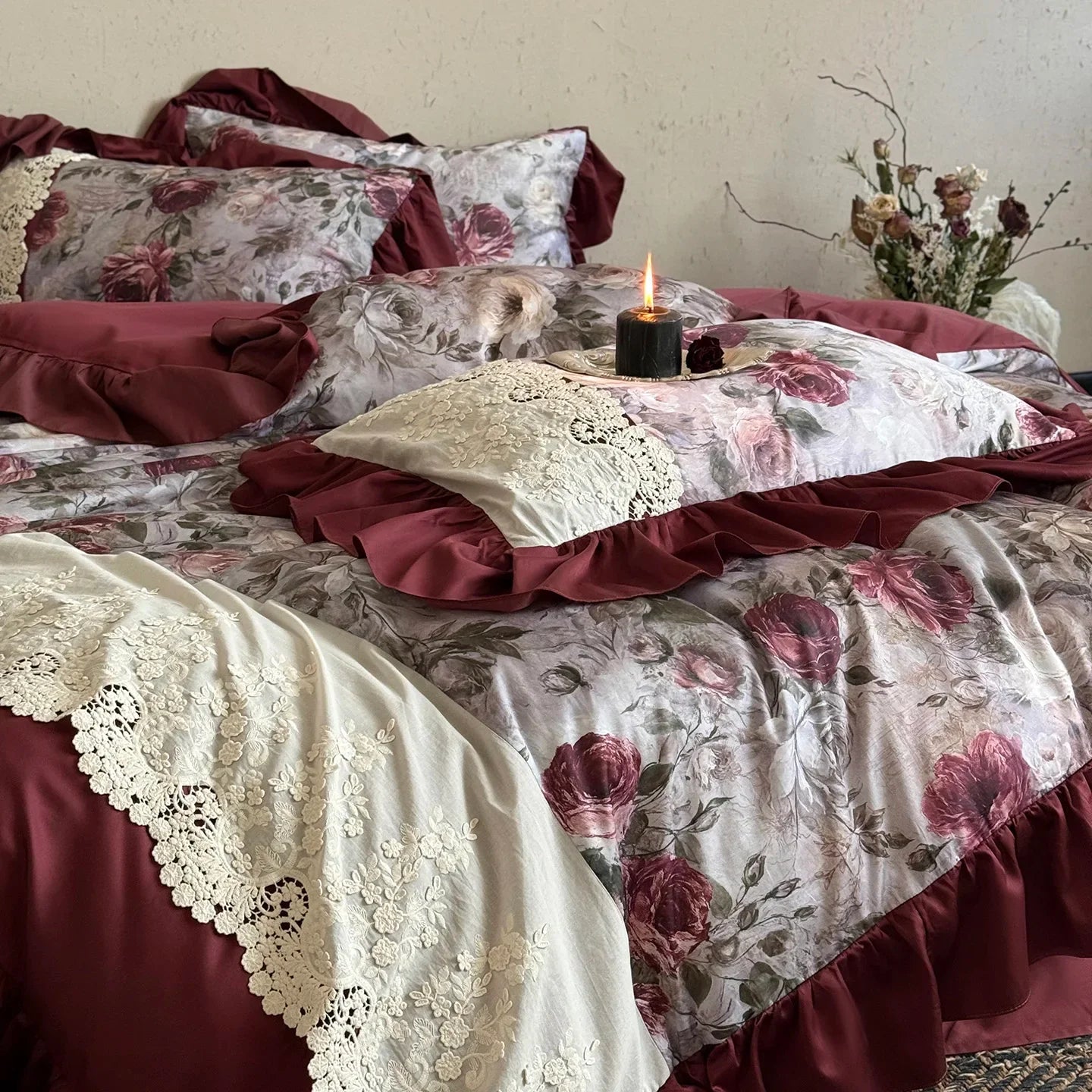 Luxury Digital printing Bedding Sets Egyptian Cotton Home Textile 4pcs Lace Embroidery Duvet Cover Bed Sheet Linen Pillowcases