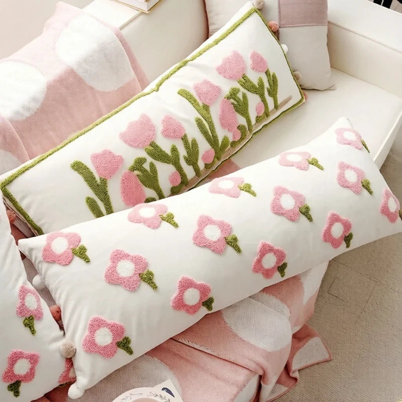 90x35cm Floral Tufted Cushion Cover Soft Plush Throw Pillow Pink Green Home Decor Sofa Bedroom