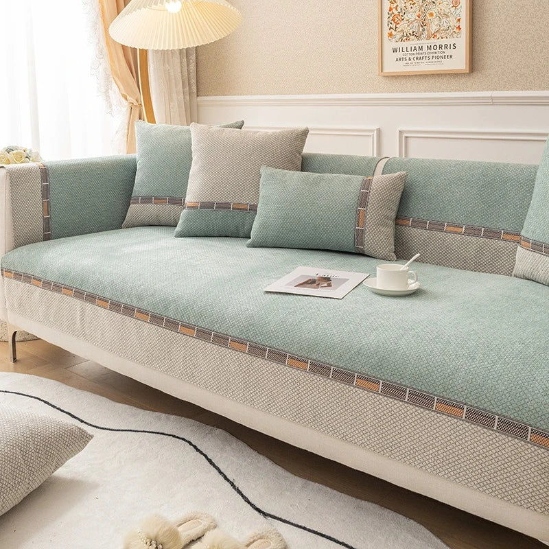1pc Bohemian-Style Solid Color Small Diamond Chenille Non-Slip Sofa Cover,Two-Tone Splice Design,Ideal for Bedroom,Living Room
