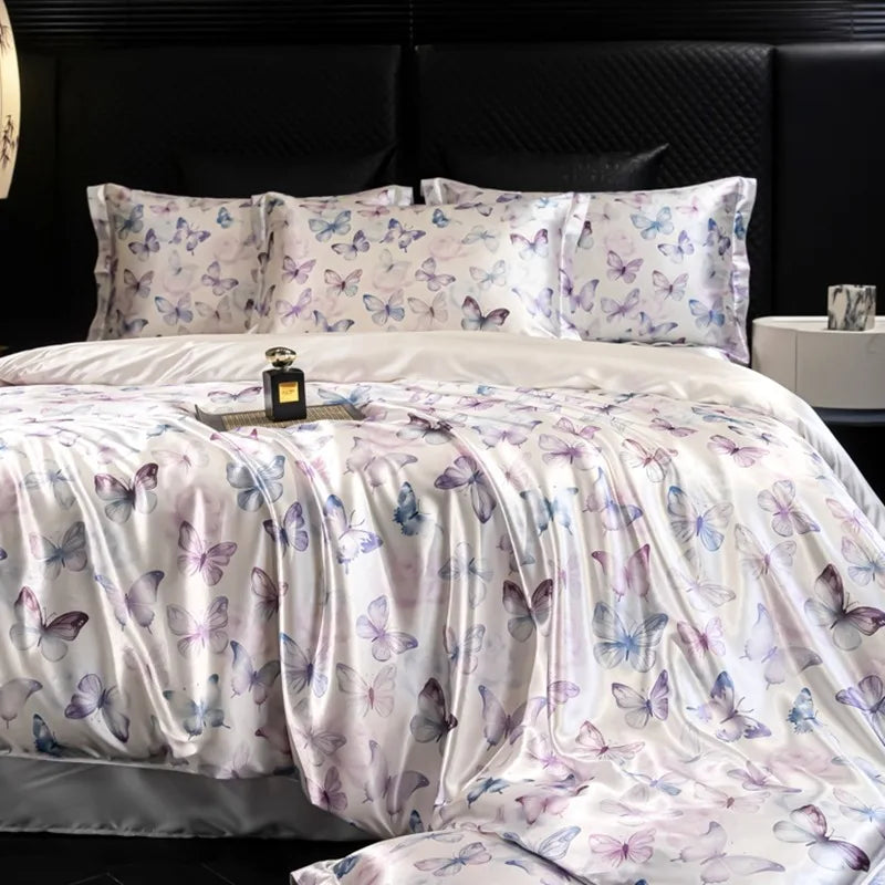 4pcs printed luxury high-end silk bedding set soft satin single double duvet cover pillowcase flat sheet or fitted sheet set