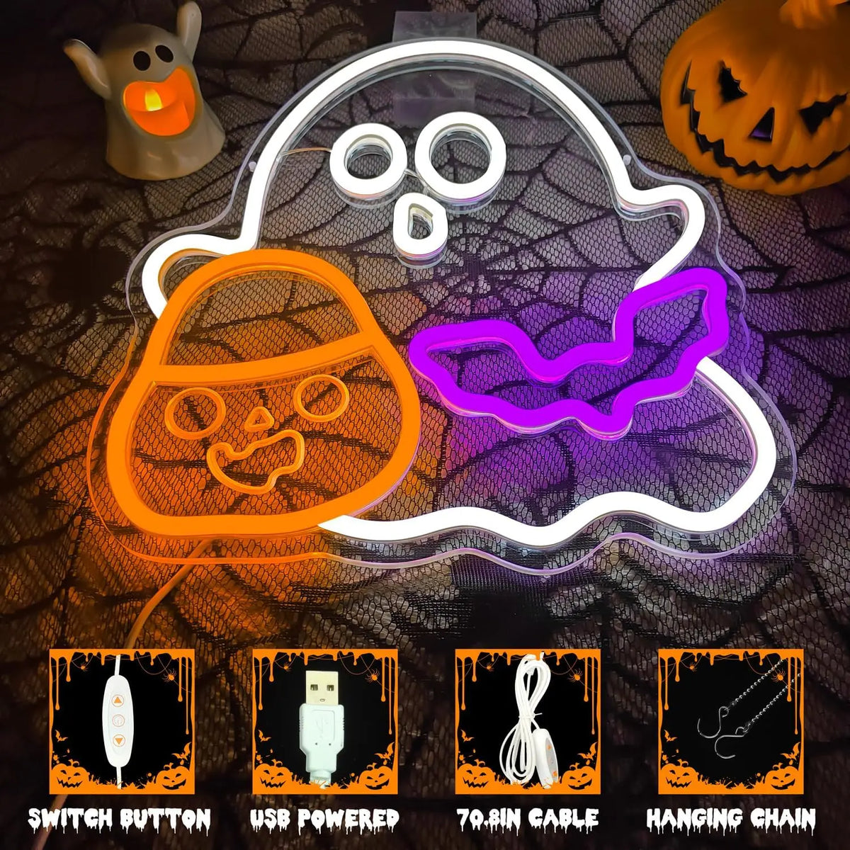 Ghost Candy Bat Neon Light Dimmable Neon Sign Kids Trick or Treat Party Wall Light Halloween Boutique Store Bedroom Holiday Lamp
