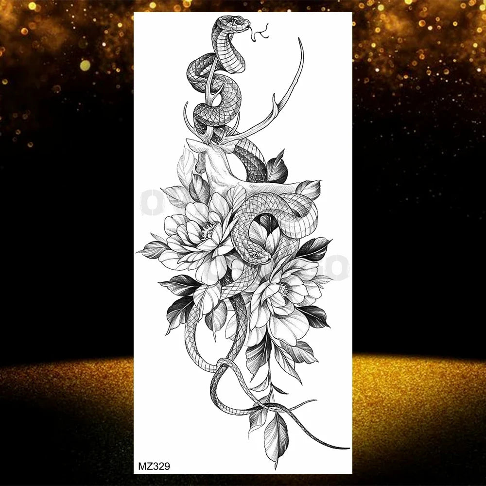 Realistic Black Rose Flower Temporary Tattoos Fake Waterproof Tatoo Body Art Arm Leg Floral Peony Bloosom Tattoo Stickers Makeup
