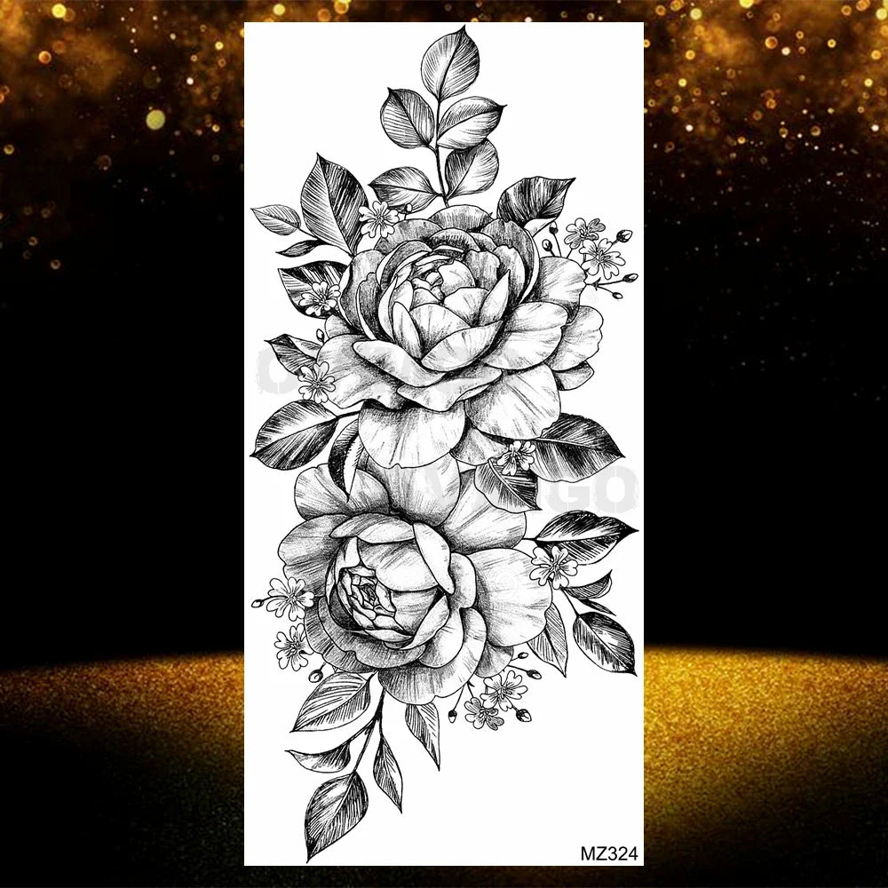 Realistic Black Rose Flower Temporary Tattoos Fake Waterproof Tatoo Body Art Arm Leg Floral Peony Bloosom Tattoo Stickers Makeup