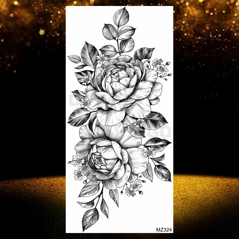Realistic Black Rose Flower Temporary Tattoos Fake Waterproof Tatoo Body Art Arm Leg Floral Peony Bloosom Tattoo Stickers Makeup