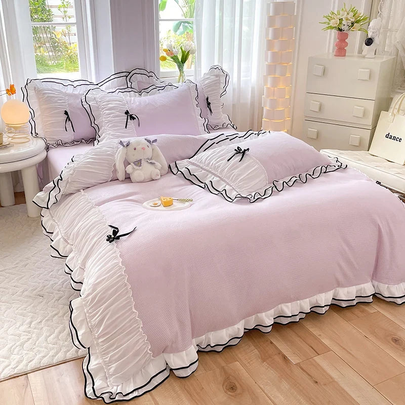 3/4Pcs Bedding Set Princess-Style Purple Bow Double-Layer Ruffles Duvet Cover Pillowcase Full-Size Queen Bed Sheet Set For Home