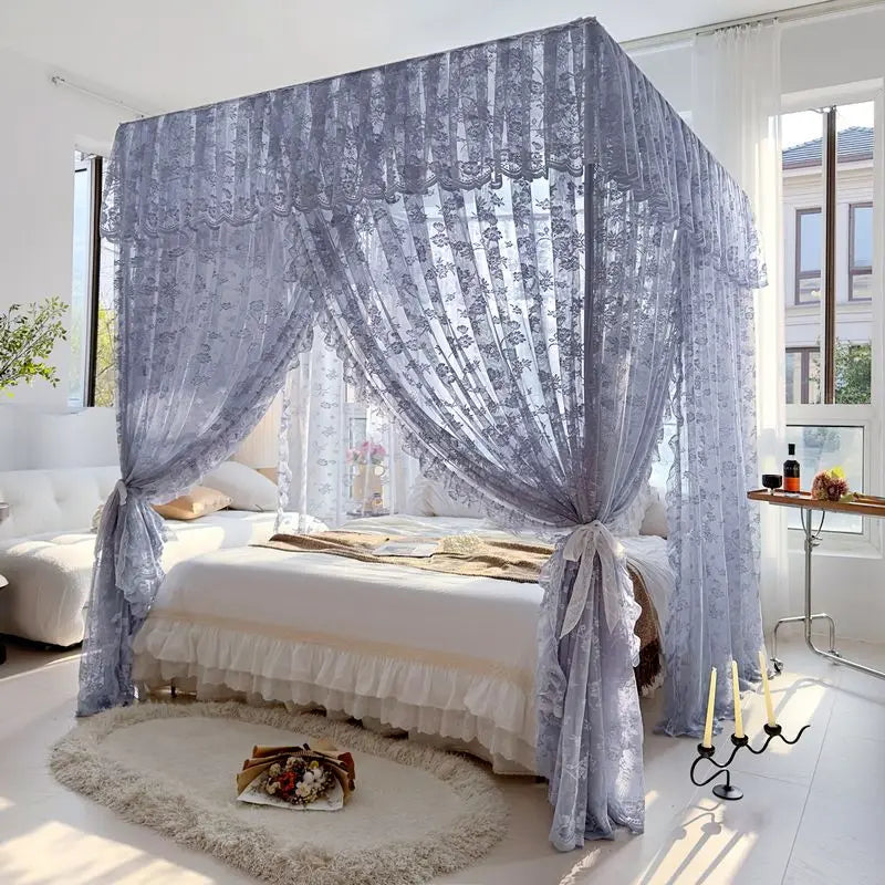 Light Luxury Jacquard White Romantic Lace Mosquito Net Three Door Bed Curtain Encrypted Bed Curtain No Bracket