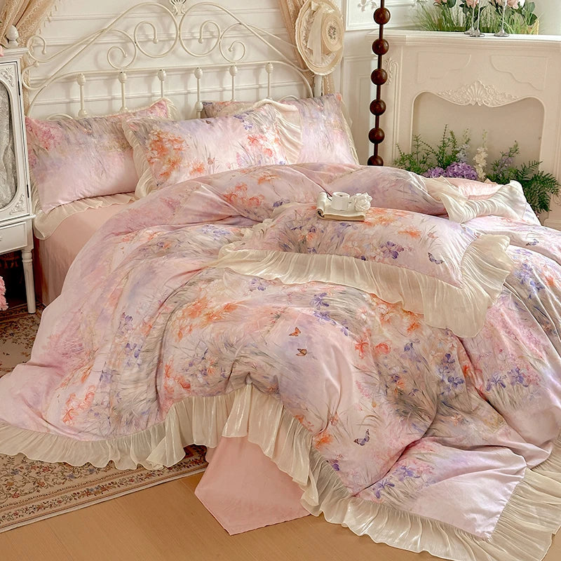 France Lace Princess Bedding Set Luxury Pink Egyptian Cotton Flowers Duvet Cover Sets Fitted Bed Sheet Pillowcases Home Textile
