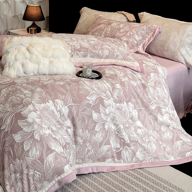Luxury Thickened Warm Winter Bedding Set Blooming Flowers Carved Velvet Duvet Cover Flat/Fitted Bed Sheet Pillowcases 4Pcs