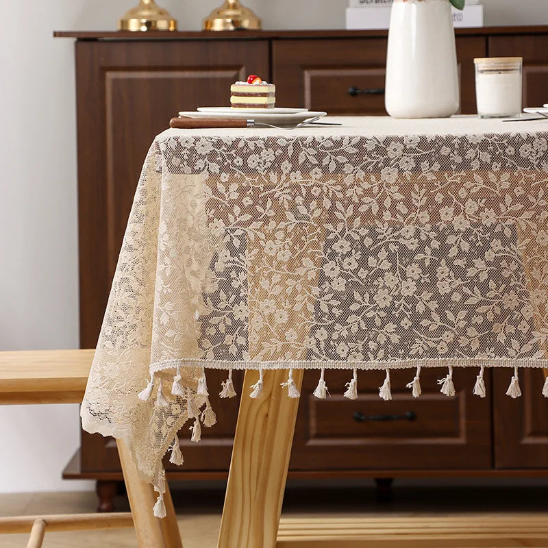 1pc  Elegant Lace Tablecloth with Tassels,Rural Fresh Jacquard Lace Tablecloth  Perfect for Dining & Parties,Family Gatherings