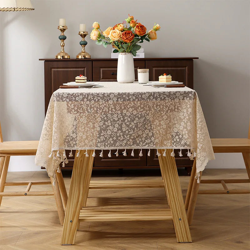 1pc  Elegant Lace Tablecloth with Tassels,Rural Fresh Jacquard Lace Tablecloth  Perfect for Dining & Parties,Family Gatherings