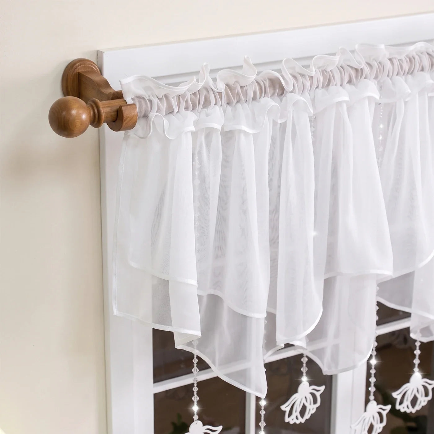 1PC Rod Pocket Sheer Curtain With Crystal Beads, Hollow Floral Pendants, 400×110cm, For Living Room, Lovely Housewarming Gift