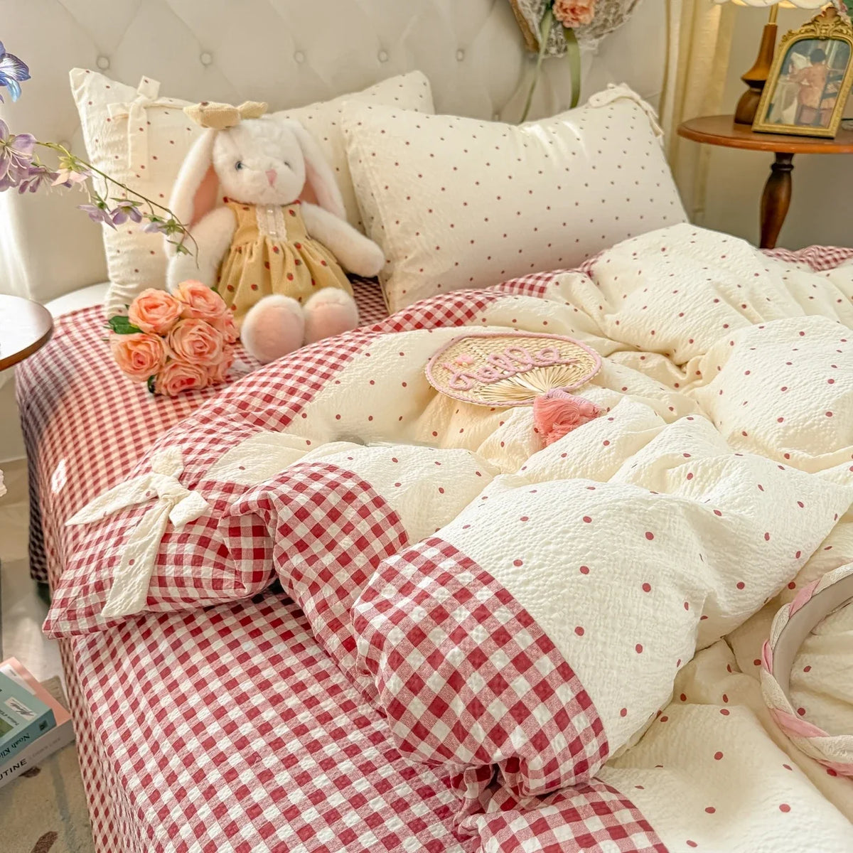 3/4Pcs Bedding Set Plaid Polka Dot Cotton Bedding Princess-Style For Home Double Bed Duvet Cover Bed Sheets With Pillowcase