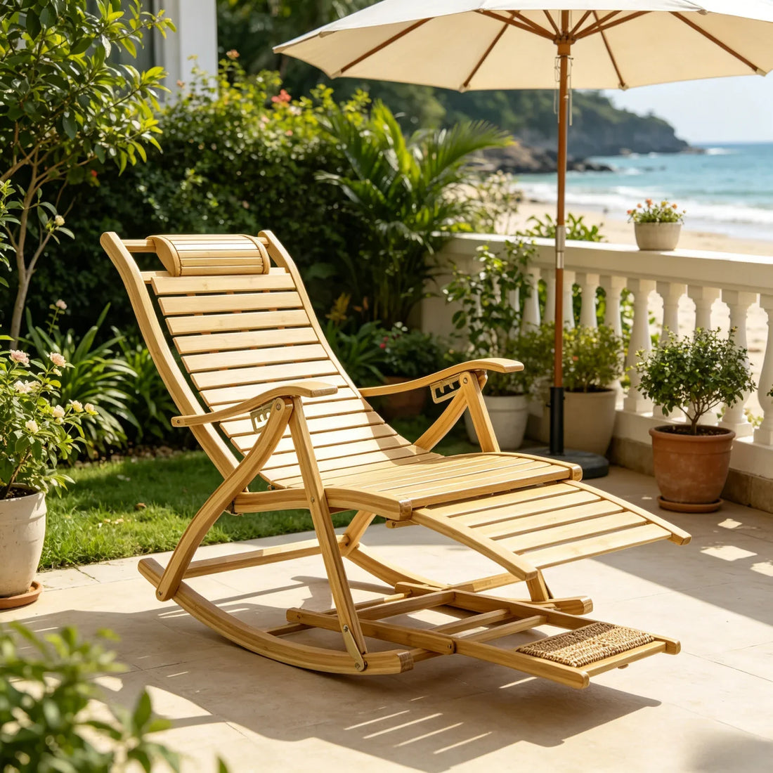 Folding Bamboo Roacking Chair Bamboo for Living Room, Bedroom, Backyard,Indoor Outdoor Furniture Adjustable Sun Lounger Chairs