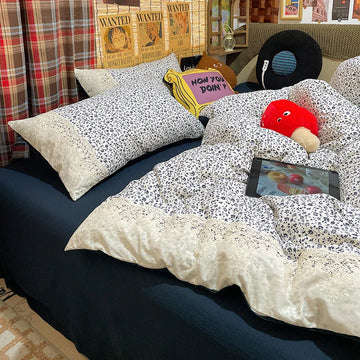 French Double-Layer Yarn Printing Bedding Set Comfort Colorfast Comforter Sets with Lace Retro Floral Skin-Friendly Bed Linens