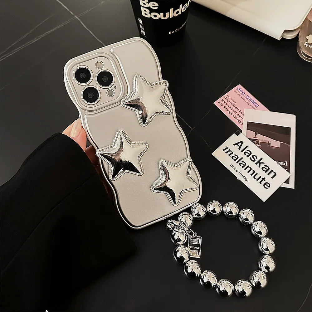 Korean 3D Puff Star Sliver Electroplated Phone Case with Bracelet Chain For iPhone 16 15 14 13 12 11 Pro Max Shockproof Cover