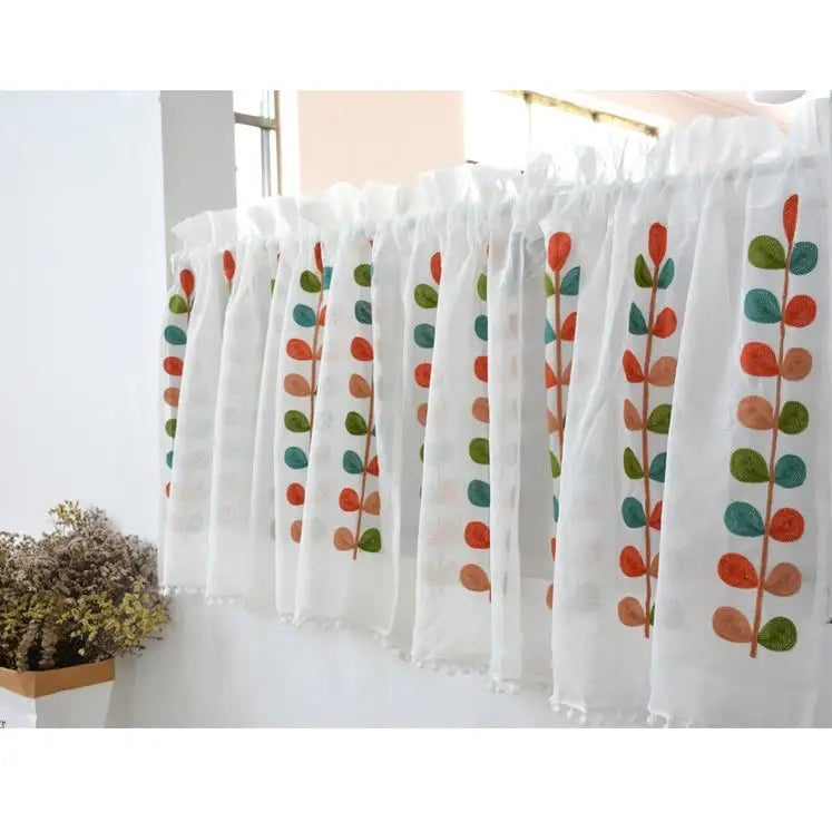 Embroidered Coffee Themed Door Curtain Half Curtain No Rod Included Country Style Bedroom Decorative Window Treatment