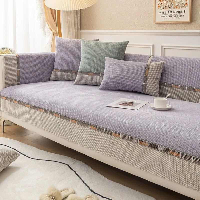 1pc Bohemian-Style Solid Color Small Diamond Chenille Non-Slip Sofa Cover,Two-Tone Splice Design,Ideal for Bedroom,Living Room
