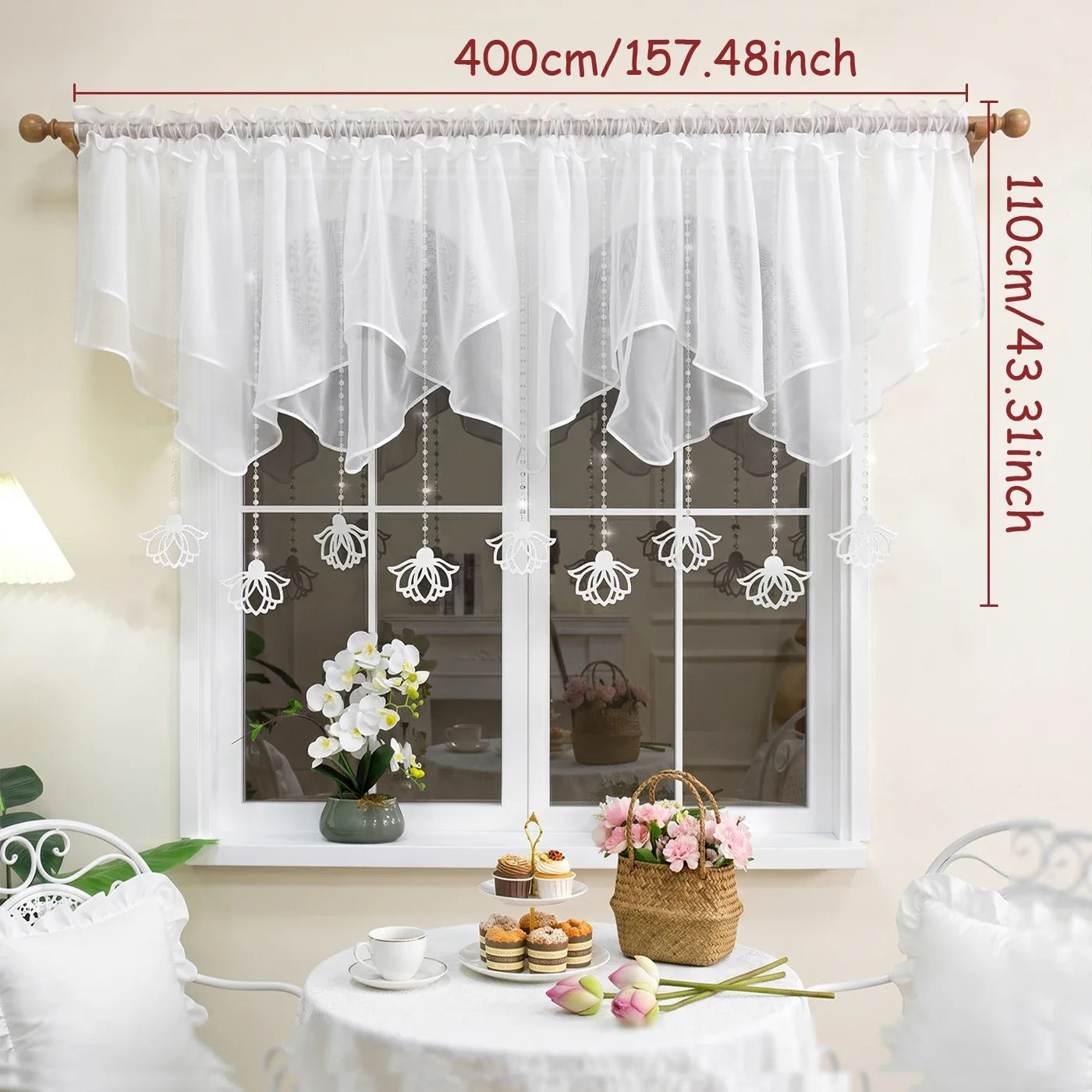 1PC Rod Pocket Sheer Curtain With Crystal Beads, Hollow Floral Pendants, 400×110cm, For Living Room, Lovely Housewarming Gift