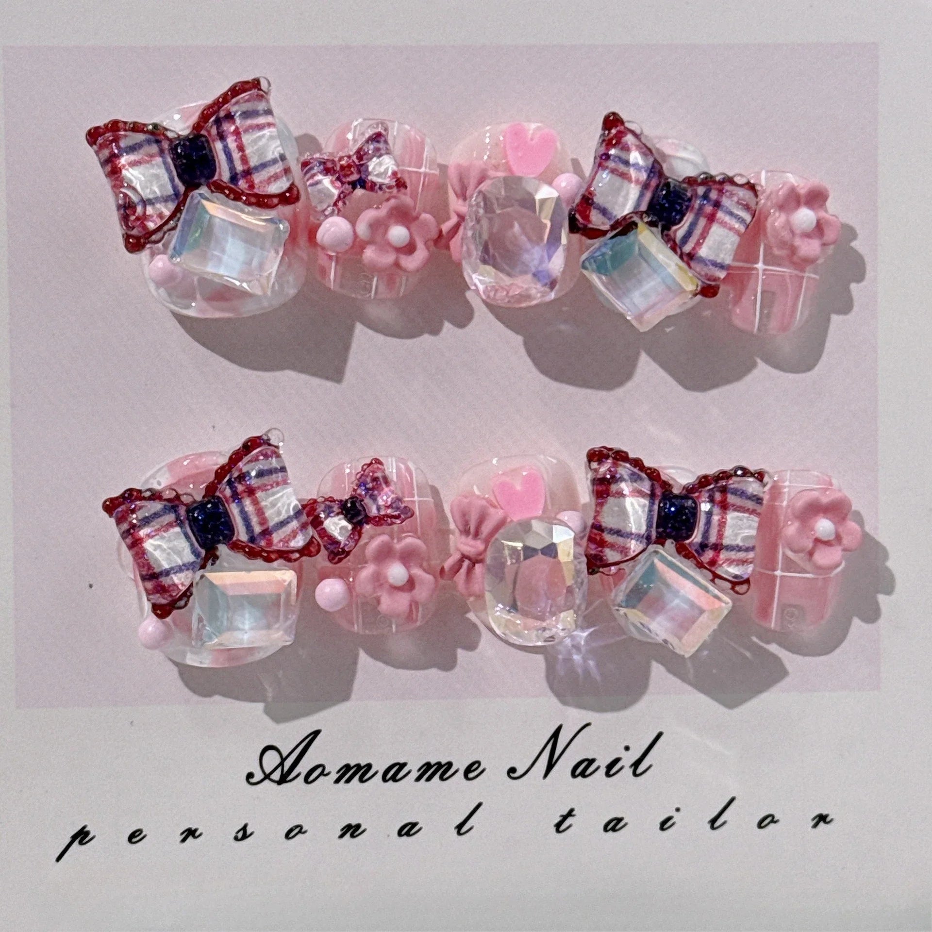 10pcs Sweet Pink Plaid Press on Nails Heart Butterfly False Nails French Bowknot Nail Cute Coffin Handmade Fake Nails for Girls