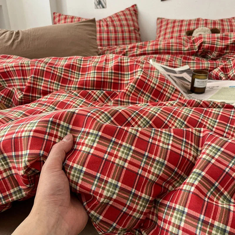 Vintage Geometric Plaid Printing Bedding Sets Nordic Soft Bedclothes for Four Seasons Skin-Friendly Quilt Cover Sheet Pillowcase