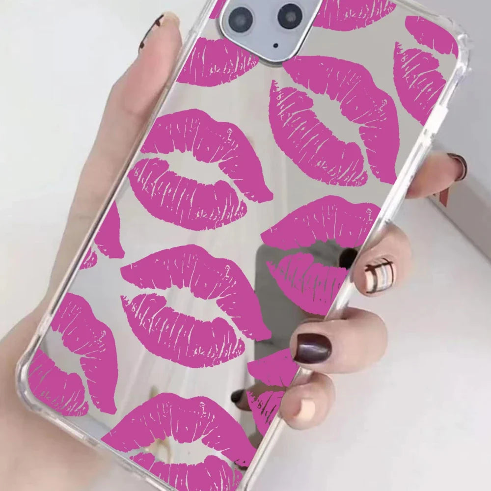 Korean Ins Full of Pink Lips Mirror Phone Case for iPhone 14 13 Pro Max Plus Back Cover for 12 11 Pro Max X XS Max 7 8 SE Capa