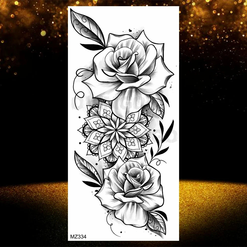 Realistic Black Rose Flower Temporary Tattoos Fake Waterproof Tatoo Body Art Arm Leg Floral Peony Bloosom Tattoo Stickers Makeup