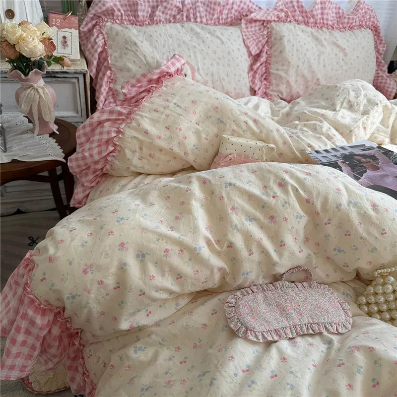 Korean Princess Style Floral Ruffles Bedding Set Washed Cotton Duvet Cover Bed Sheet Pillowcases Single Full Queen Size 3/4Pcs