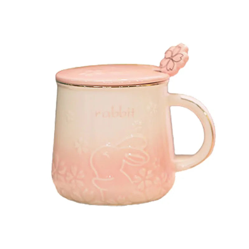 Cute Style High-Temperature Firing Manual Ceramic Mug With Lid And Spoon Set Tableware Underglaze Colour Large Capacity 400ml