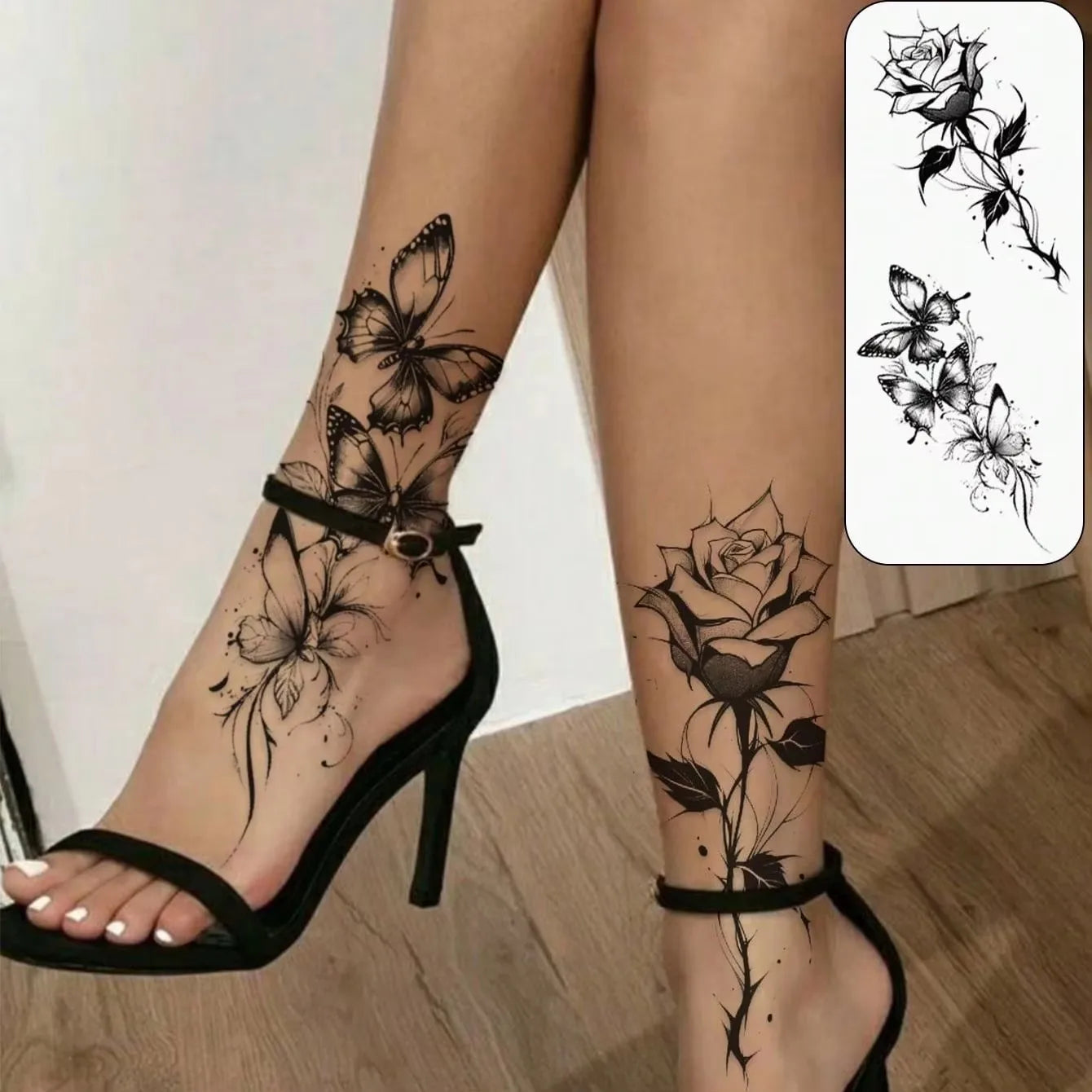 2 Sheets Waterproof Temporary Tattoo Sticker Butterfly Flower Rose Fake Tatto Flash Tatoo Shin For Girl Women Body Art Tattoos