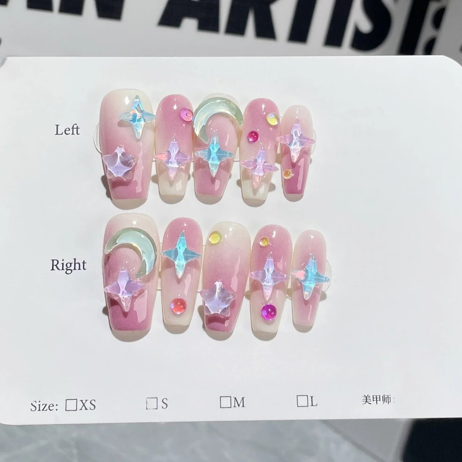 10Pcs Pink Coffin Handmade Press On Nails Moon Stars False Nails Sweet Bow Diamond Design Full Cover Ballet Fake Nails Press On