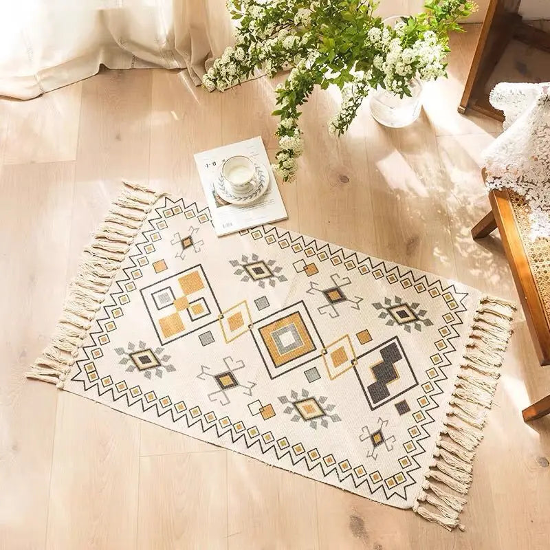 Cotton Linen Rugs and Carpets for Home Living Room Bedroom Tapestry Decorative Boho Ethnic Anti-slip Tassel Woven Floor Mat Door