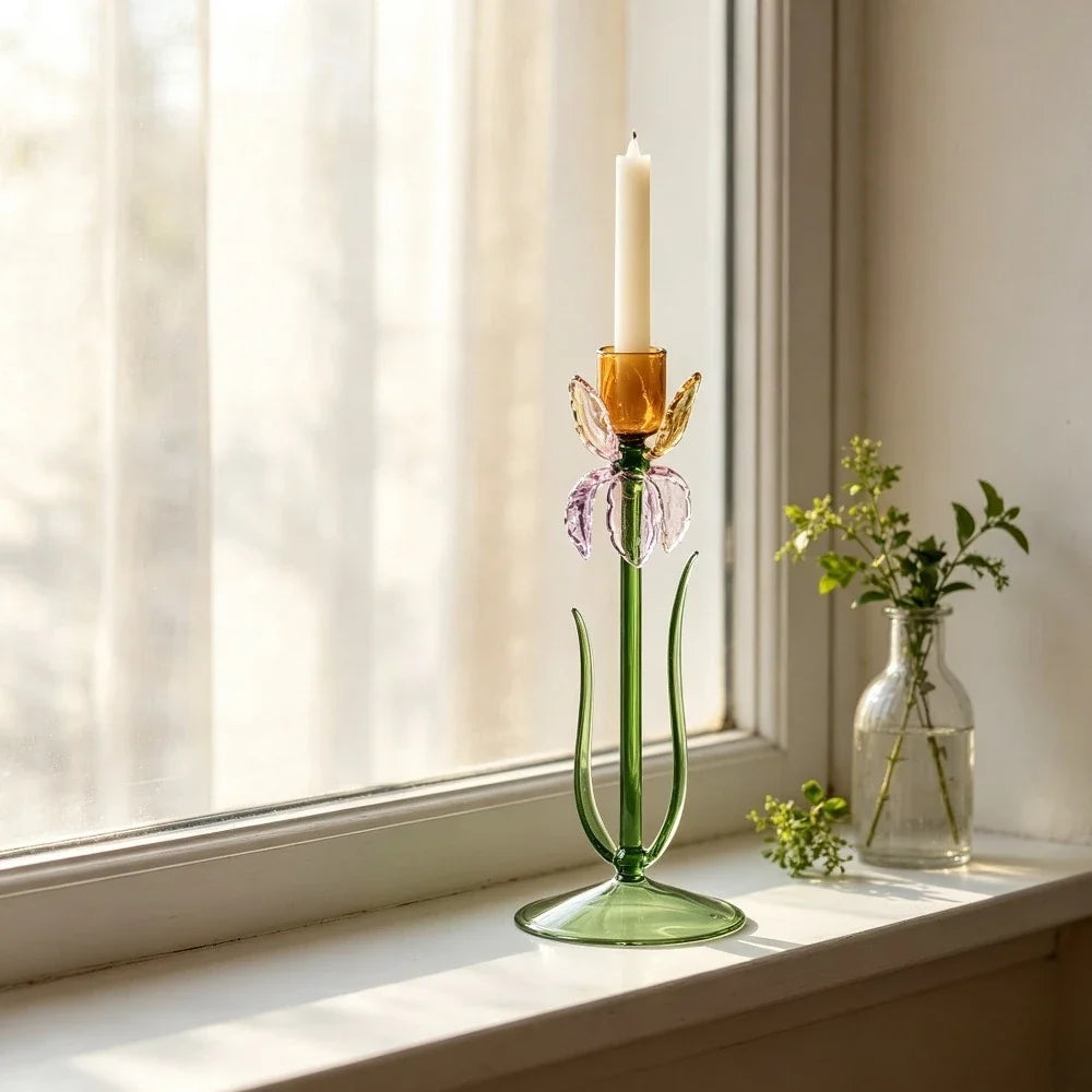 Color Floral Art Glass Candlestick Handmade Taper Candle Holder Exquisite Tabletop Ornament for Living Room Wedding Home Decor