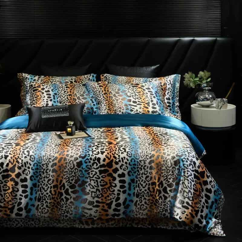 4pcs printed luxury high-end silk bedding set soft satin single double duvet cover pillowcase flat sheet or fitted sheet set
