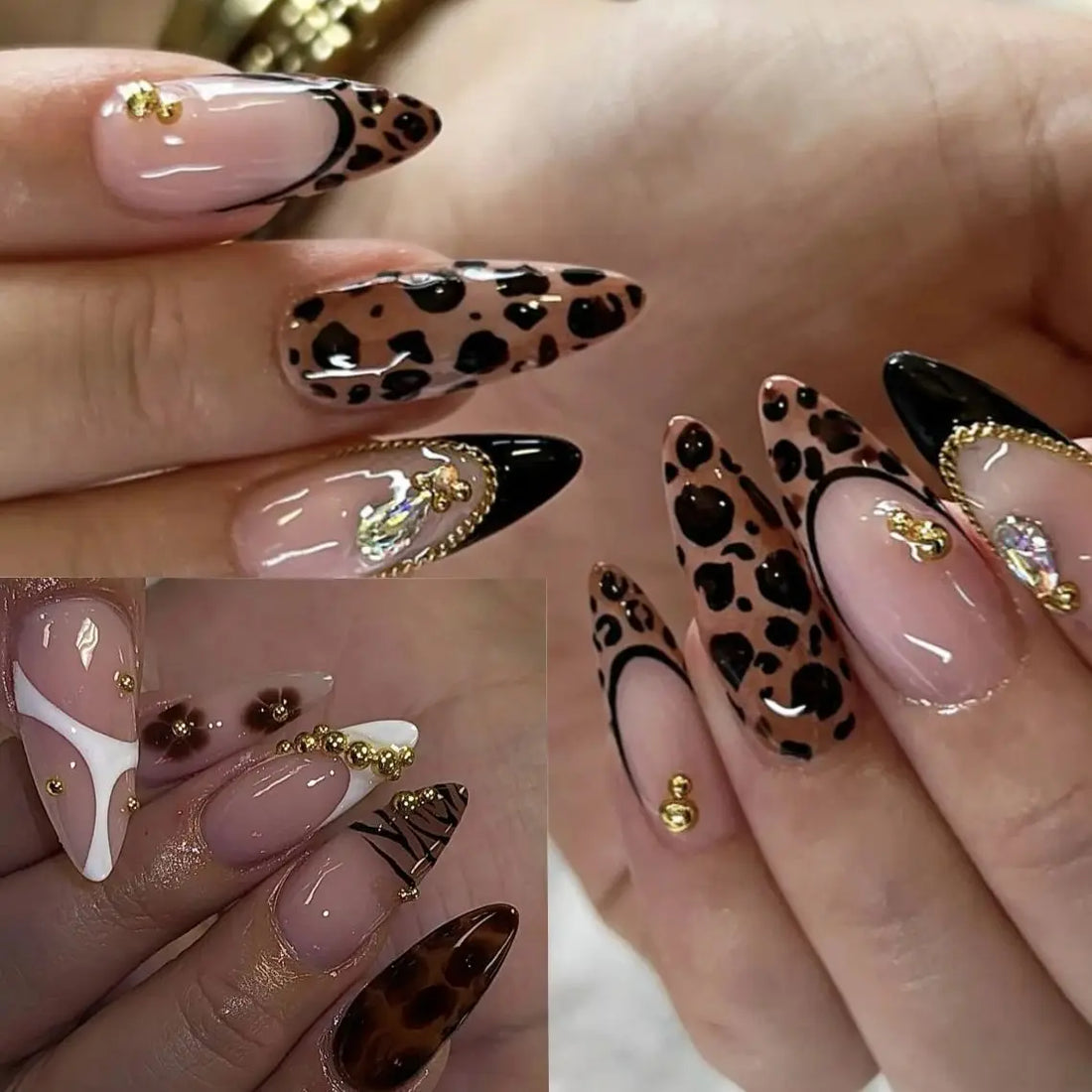 24Pcs Zebra Stripe Press on Nails Dark Brown with Gold Beads Fake Nails Almond Shape Nail Art French Style False Nails for Fall