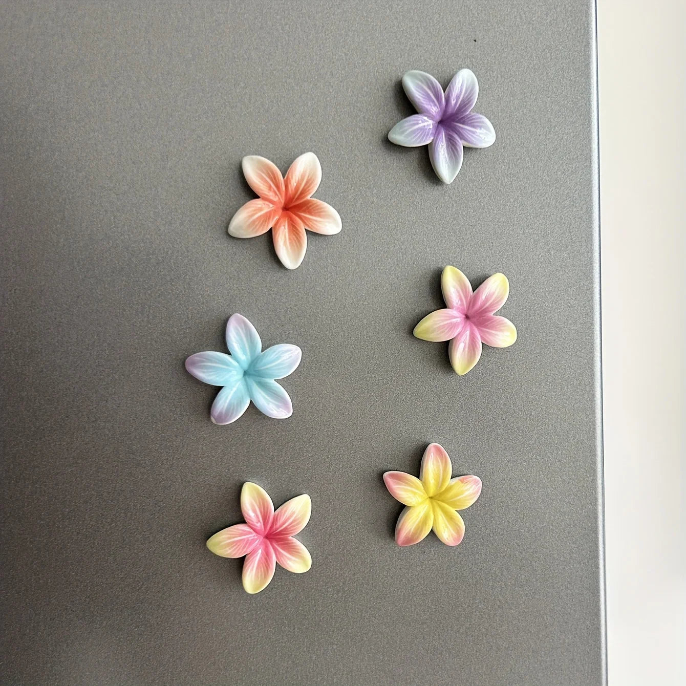 6pcs Tropical Frangipani Flower Fridge Magnet - 3D Hawaiian Plumeria Resin Art with 5 Petals, Magnetic Refrigerator Sticker