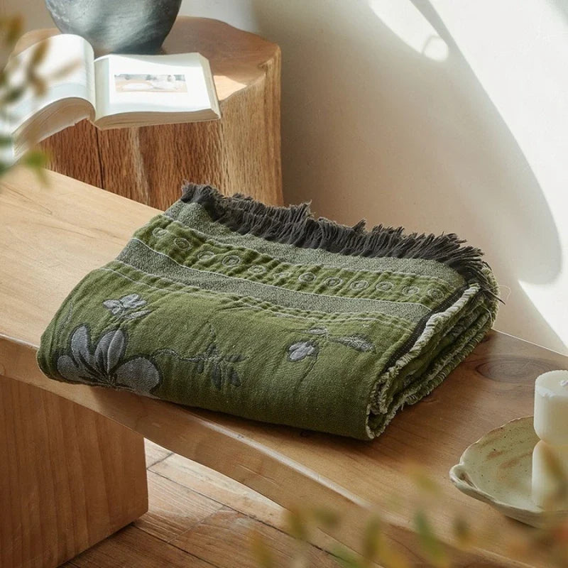 Vintage Artistic Style Pure Cotton Yarn Dyed Jacquard Tassel Throw Blanket Skin Friendly Car Office Single Nap Sofa Thin Blanket