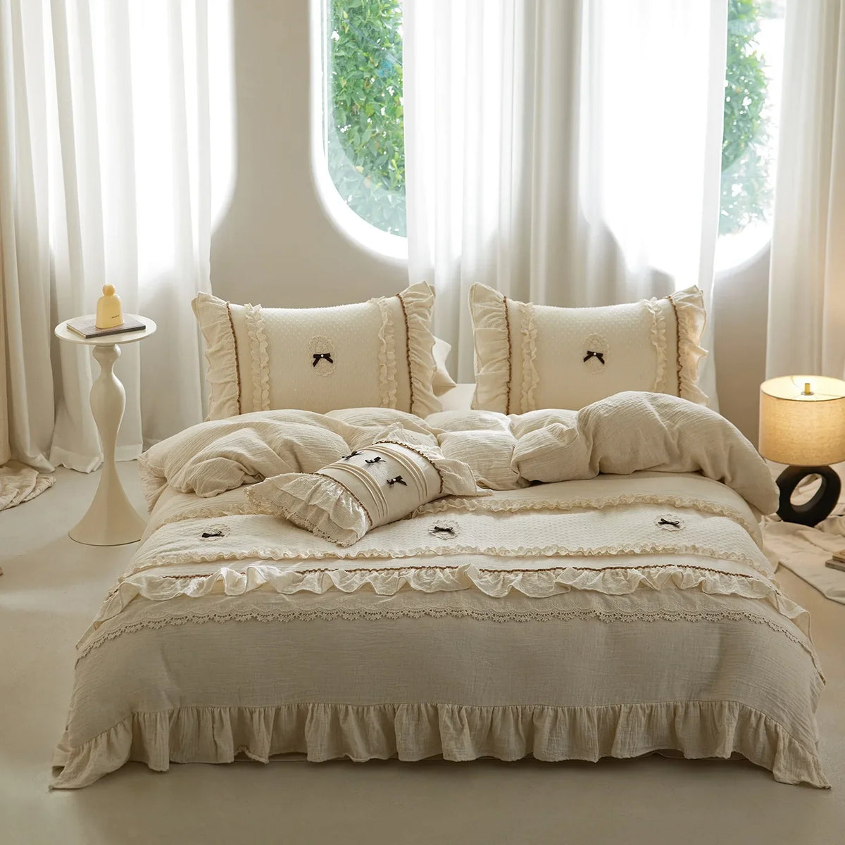Princess Style Lace Trim Cotton Linen 4Pcs Bedding Set, French High-End Linen Duvet Cover & Sheet Set, Machine Washable