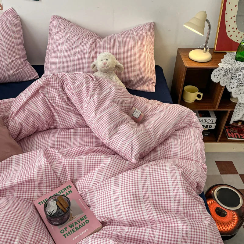 Vintage Geometric Plaid Printing Bedding Sets Nordic Soft Bedclothes for Four Seasons Skin-Friendly Quilt Cover Sheet Pillowcase