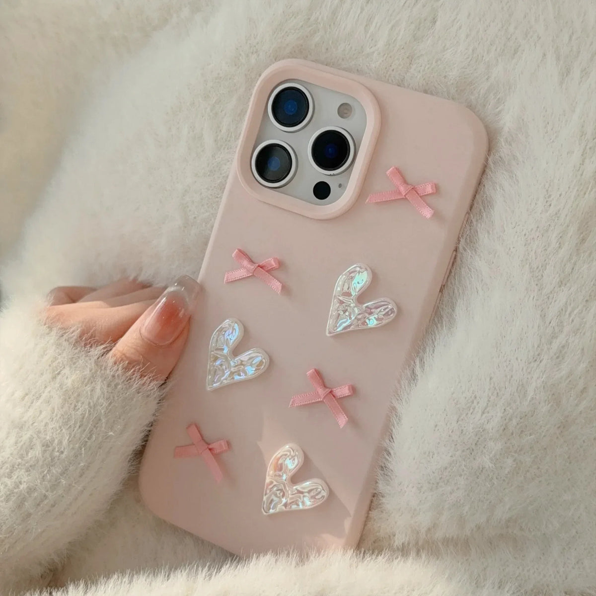 3D Pink Love Heart Bow Phone Case for IPhone16 15 14 12 13 11 Pro ProMax Mini Plus X XR Shockproof Phone Cover