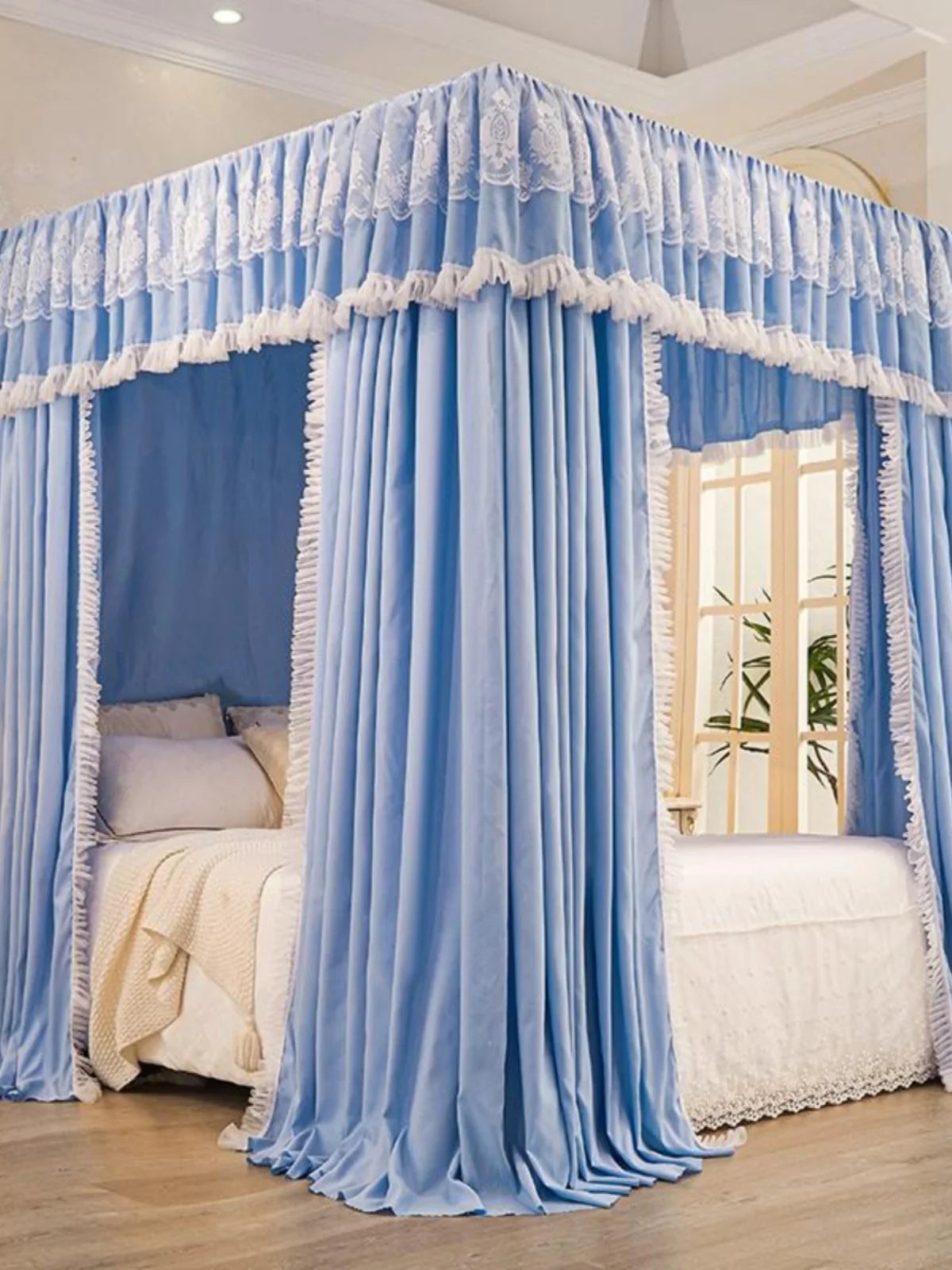 Princ Sle Double Layer Floor Length Court Mosquito Net Inteated Tee Door Opening Dust Proof Bed Curtain Bed Canopy