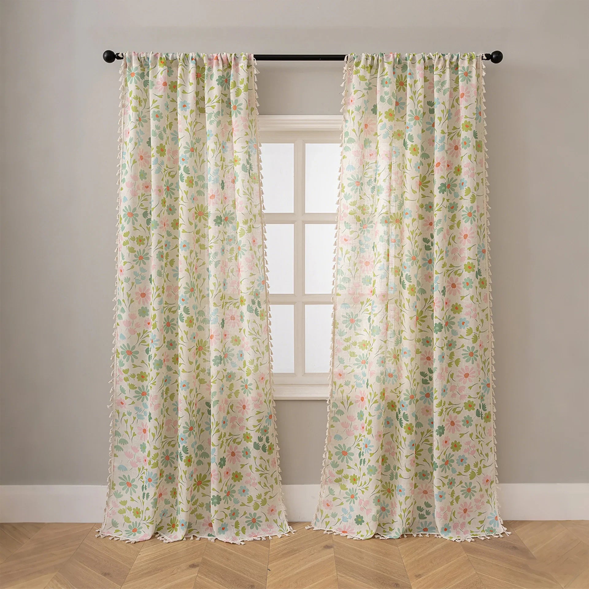 New Semi-Sheer Blackout Curtains, Slub Linen Look Floral Print Rod Pocket Drapes for Living Room Bedroom, 1/2 Panels Ready Made
