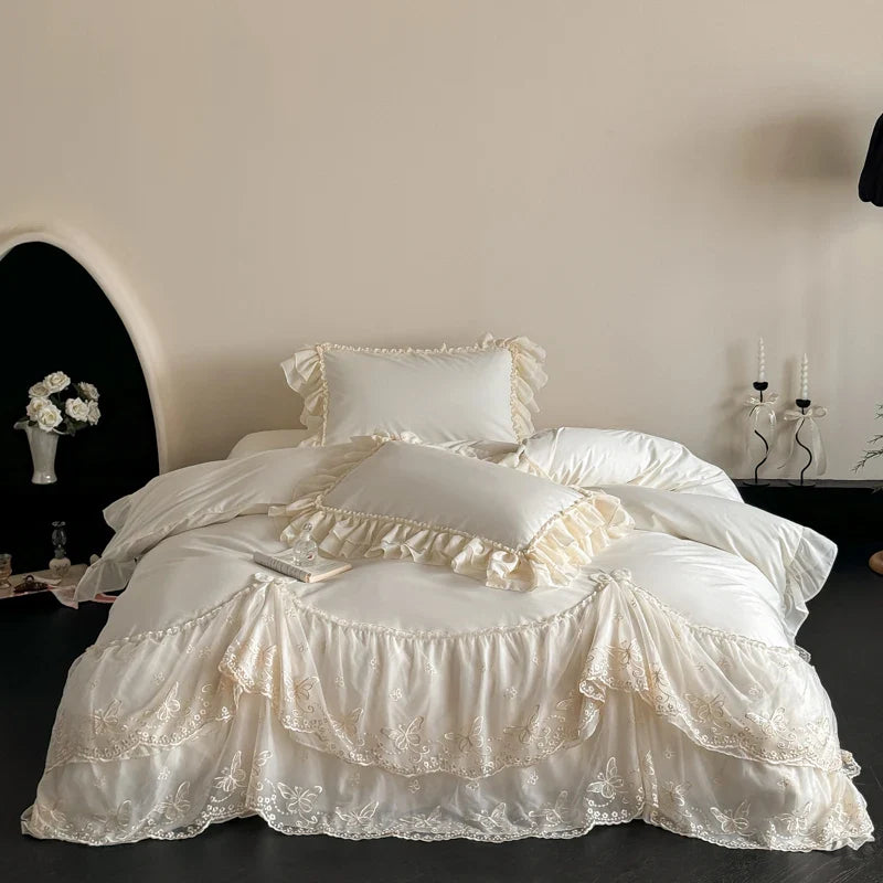 Green Egyptian Cotton Princess Bedding Set Luxury Lace Butterfly Embroidery Duvet Cover Sets Bed Sheet Pillowcases Home Textile