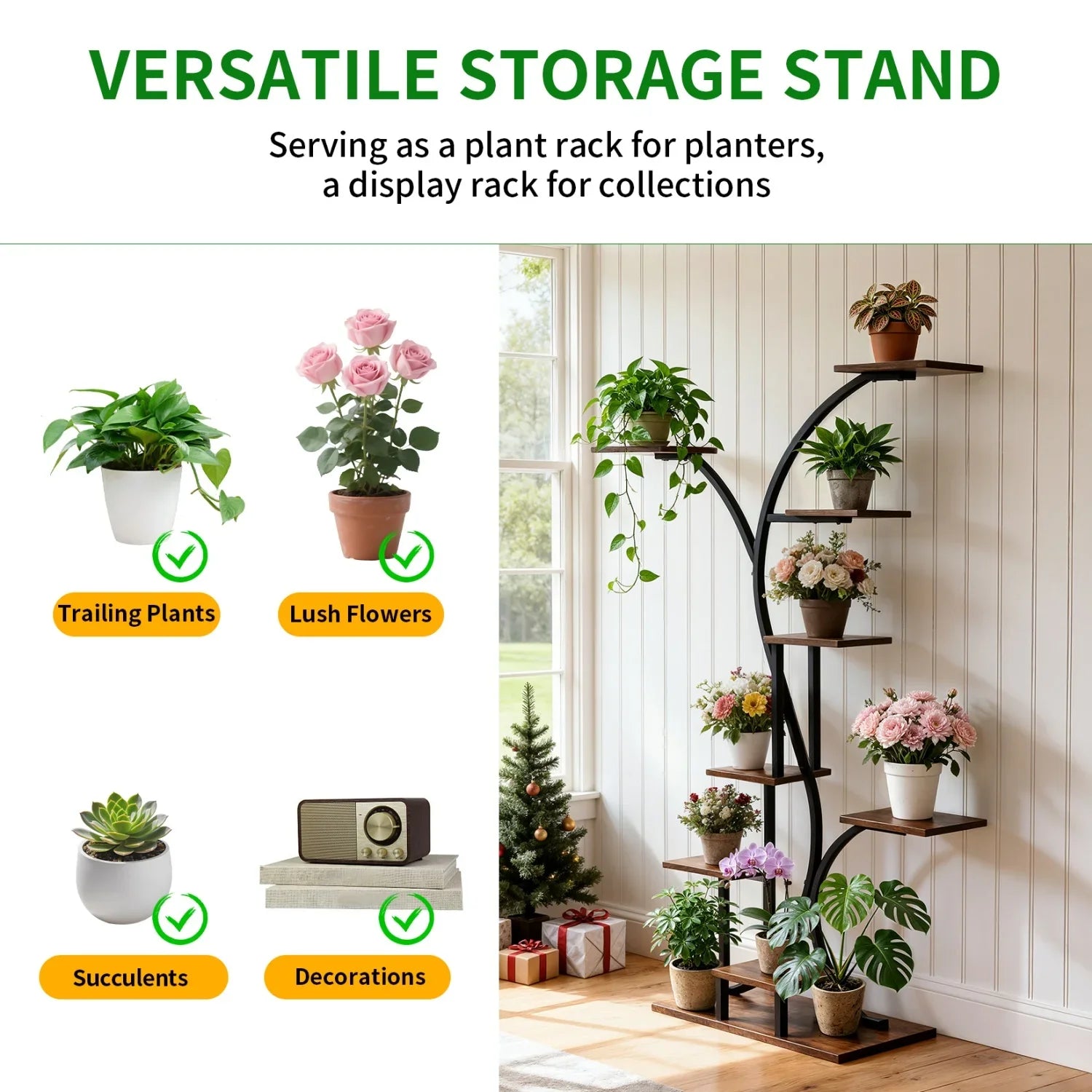 165cm Tall Indoor Plant Stand Metal Plant Flower Display Shelf with Grow Lights Tree-Shaped Plant Rack for Home, Patio