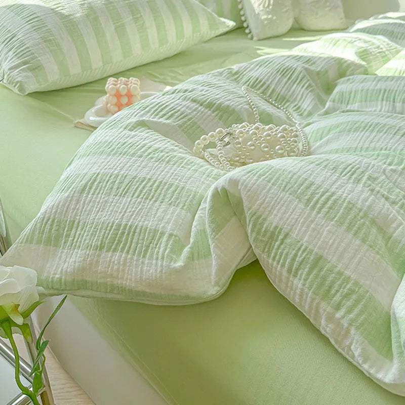 Japanese Ins Stripe Bedding Set Simple Two-Tone Contrast Sheet Kit with Quilt Cover Comfort Bed Decoration for Student Dorm