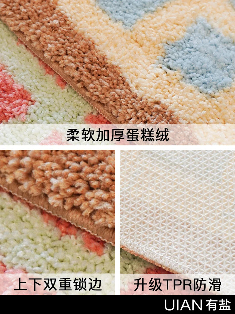 Cute Plaid Soft Tufted Carpet Ant-slip Rug Floor Mats Bathroom Absorbent Bathroom floor mat plush carpet toilet non-slip