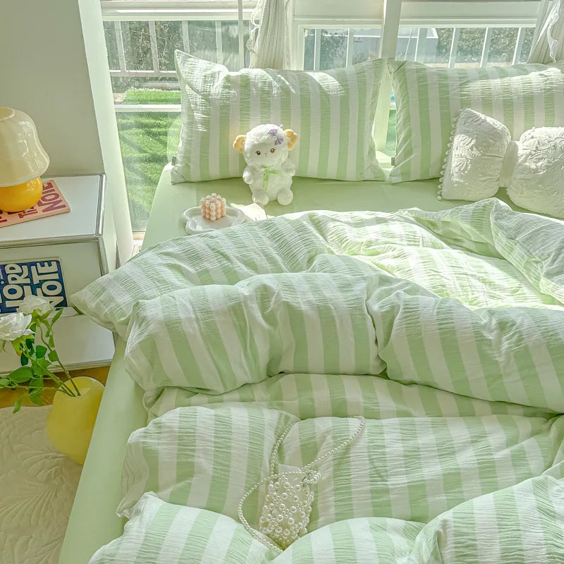 Japanese Ins Stripe Bedding Set Simple Two-Tone Contrast Sheet Kit with Quilt Cover Comfort Bed Decoration for Student Dorm