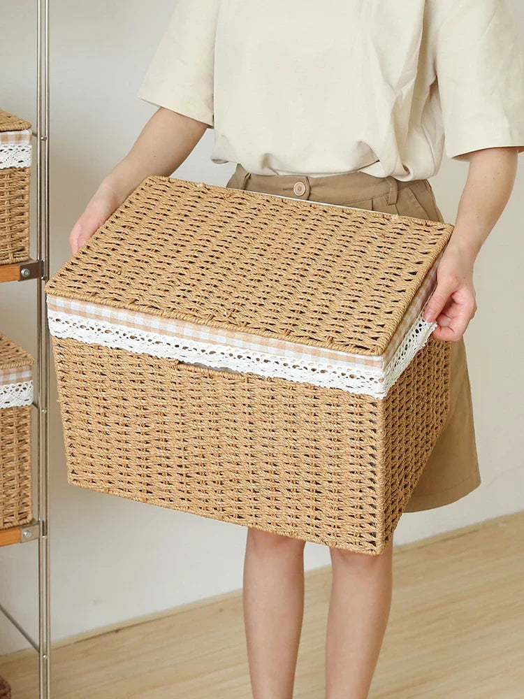 Rattan-Weave Home Storage Box Covered Living Room Miscellaneous Items Storage Basket Japanese Simple Style Paper Material